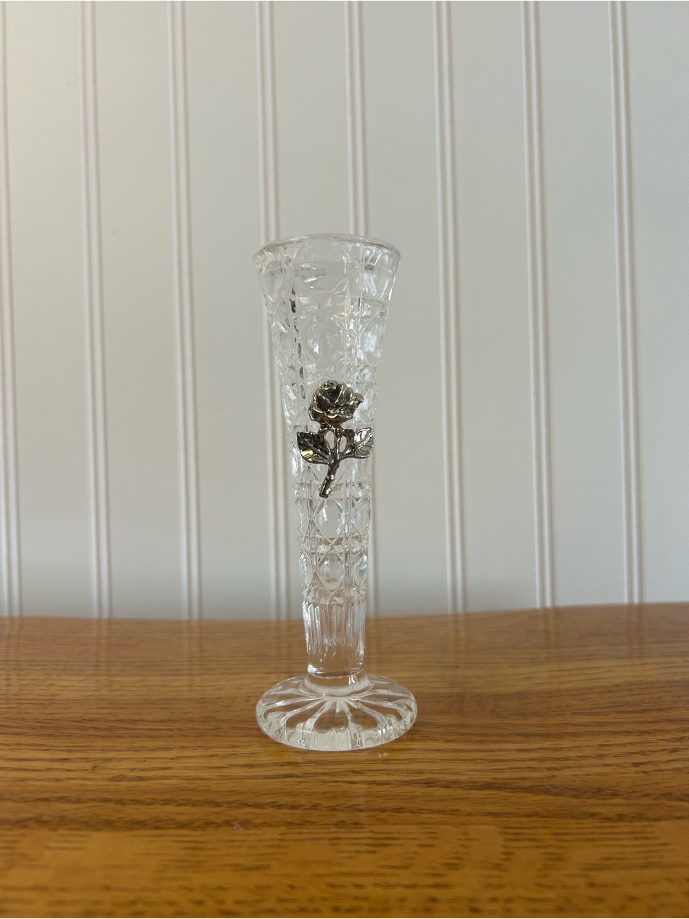 The Forever Rose 6" Lead Crystal Bud vase floral silver finish rose emblem